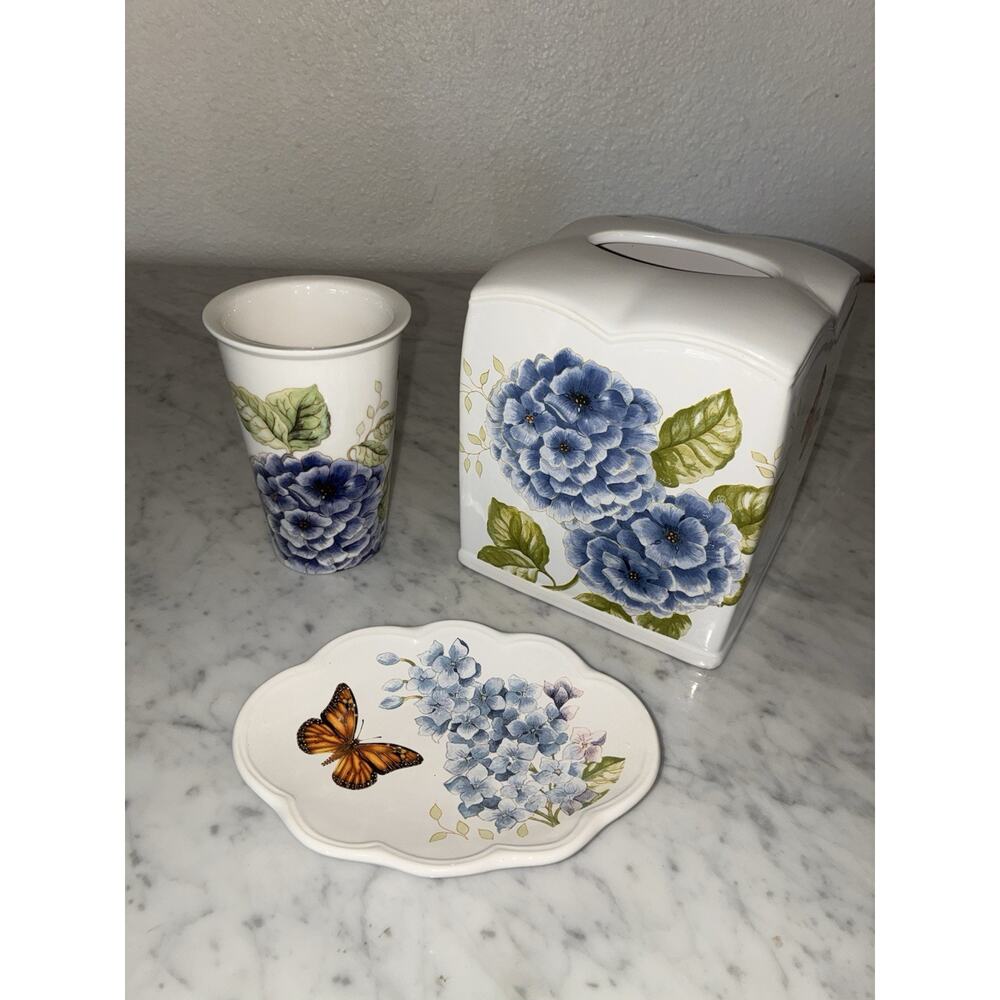 Lenox Blue floral Bathroom Set Tissue Holder Toothbrush Soap Dish Butterfly - Picture 2 of 15